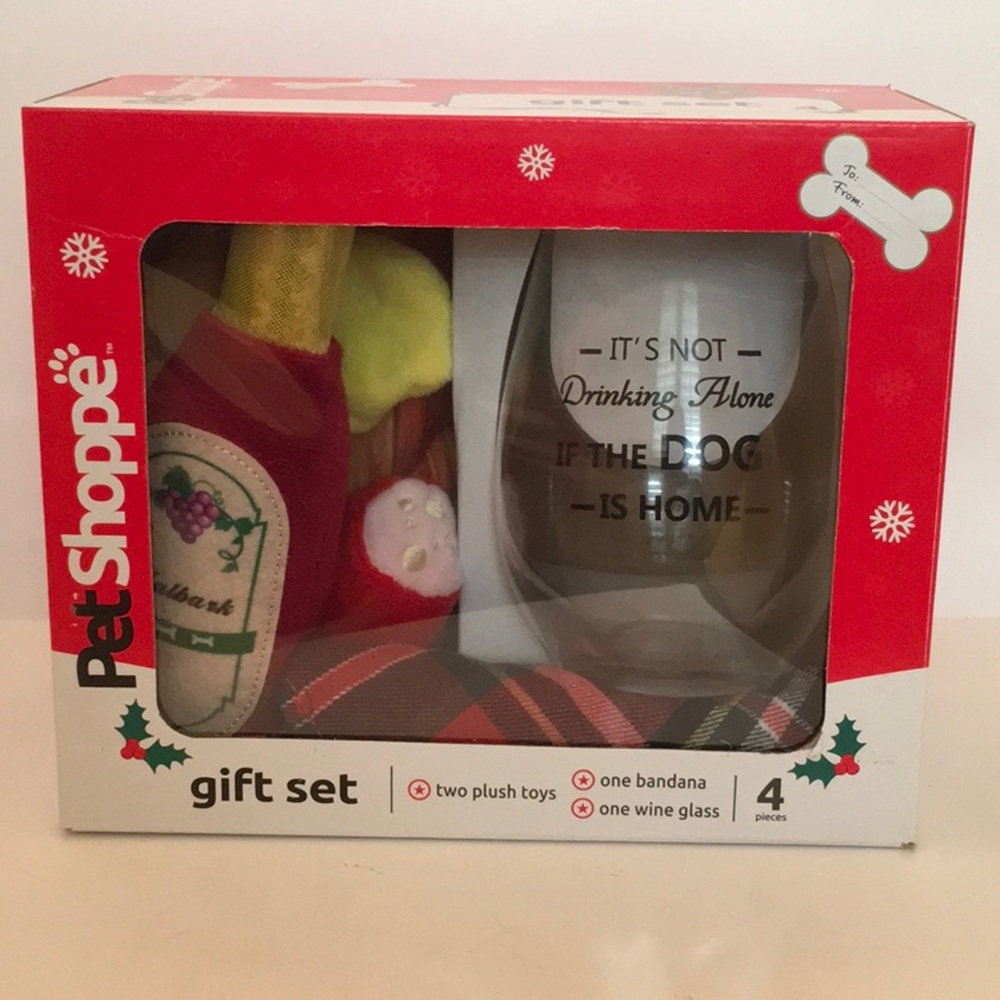 Pet Shoppe DogToys Pet 4pc Bandana 2 PlushToys, Wine Glass|NIB|Christmas|Holiday